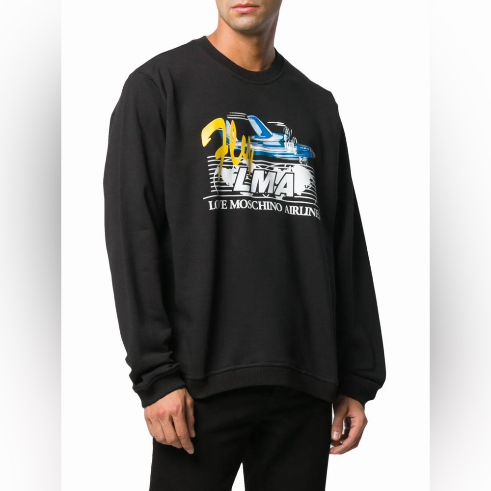 Love Moschino Fly LMA Airlines 100% Cotton Graphic Blue Crewneck Sweatshirt Sz.L